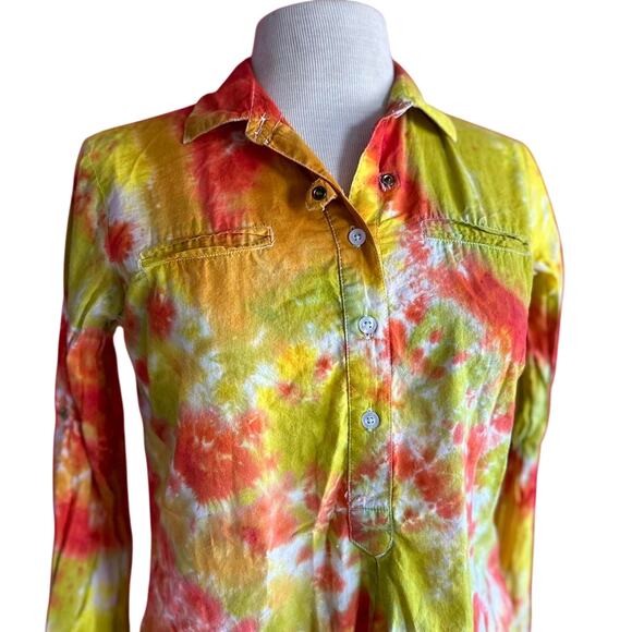 Women Top Size Small Yellow Tie Dye Button Down Office Hippie Colorful Bold Work - Picture 2 of 8